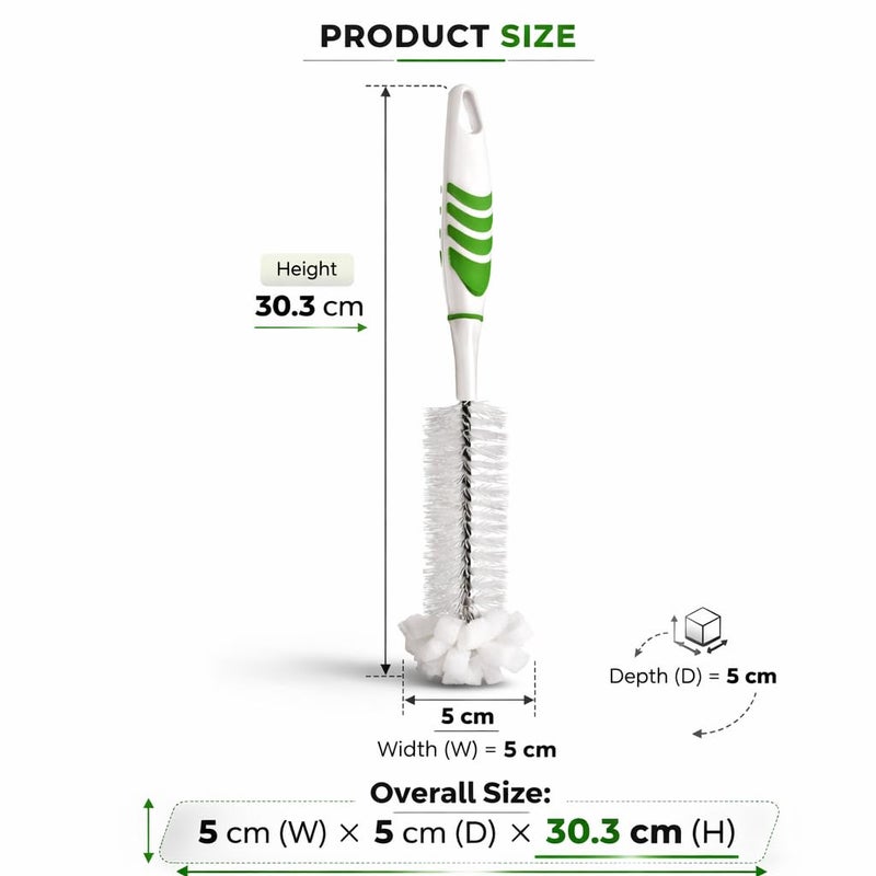 Bottle Cleaning Brush – 2-in-1 Deep Scrubber with Soft Foam Tip – Flexible Bristles – Non-Slip Comfort Grip – for Bottles, Cups & Tumblers (Green) - Image 4
