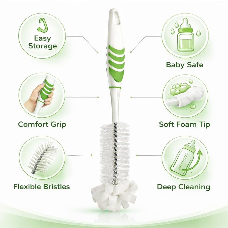 Bottle Cleaning Brush – 2-in-1 Deep Scrubber with Soft Foam Tip – Flexible Bristles – Non-Slip Comfort Grip – for Bottles, Cups & Tumblers (Green) - Image 3