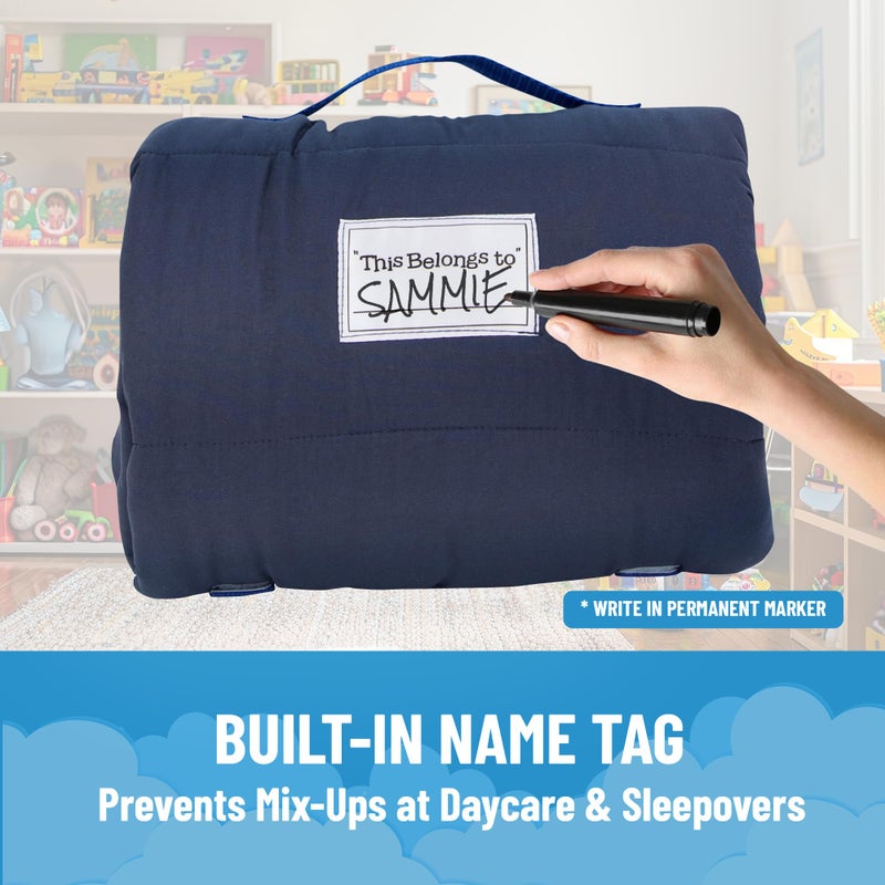 Jay Franco Kids Nap Mat Cartoon Embedded Pillow & Blanket â€“ Soft 46"x20"Microfiber Sleeping Bag with Name Tag & Handle for School, Travel, Sleepover, Blue - Blippi - Image 5