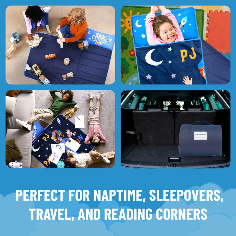 Jay Franco Kids Nap Mat Cartoon Embedded Pillow & Blanket â€“ Soft 46"x20"Microfiber Sleeping Bag with Name Tag & Handle for School, Travel, Sleepover, Blue - Blippi - Image 3