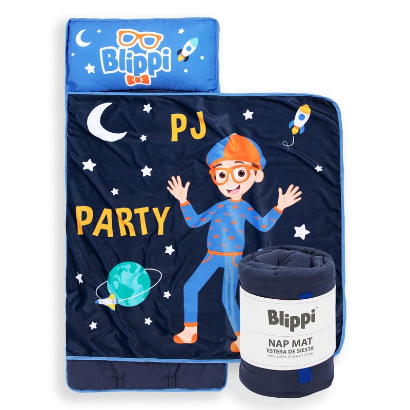 Jay Franco Kids Nap Mat Cartoon Embedded Pillow & Blanket â€“ Soft 46"x20"Microfiber Sleeping Bag with Name Tag & Handle for School, Travel, Sleepover, Blue - Blippi - Image 1