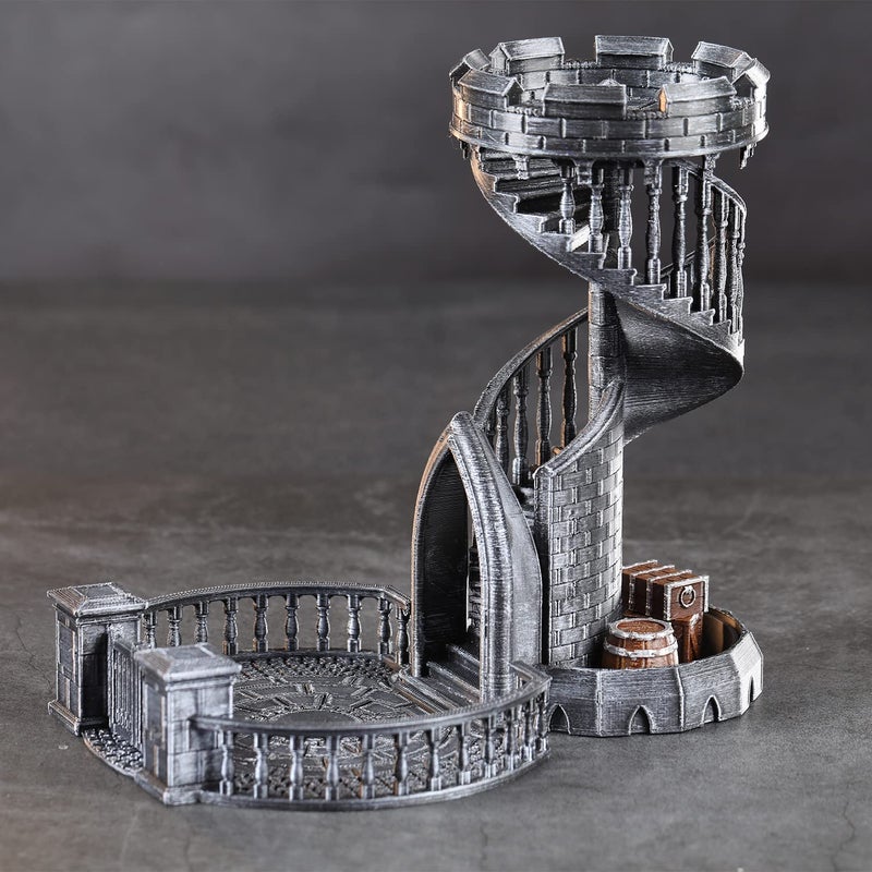 AUSPDICE DND DICE TOWER - 36 خطوة برج ألوان رجعية لعشوائية عالية في ألعاب الطاولة مثل الأبراج المحصنة والتنين - هدية مثالية لعب الأدوار (اللون الفضي القديم) - Image 1