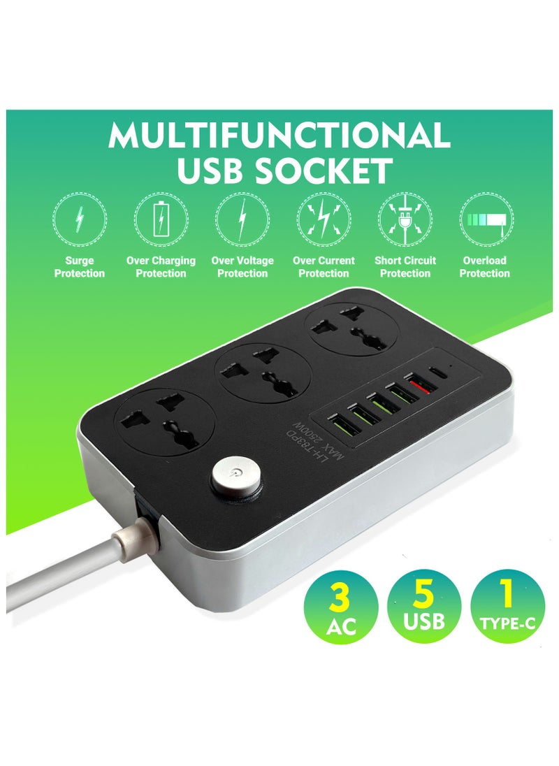 SKY-TOUCH - 5 USB Auto Max 3.4A USB + 1 PD Identify Automatically 3 Power Socket Anti-static Power Socket with 5 USB Ports Universal Charging Socket with 2M Bold Extension Cord - Image 1