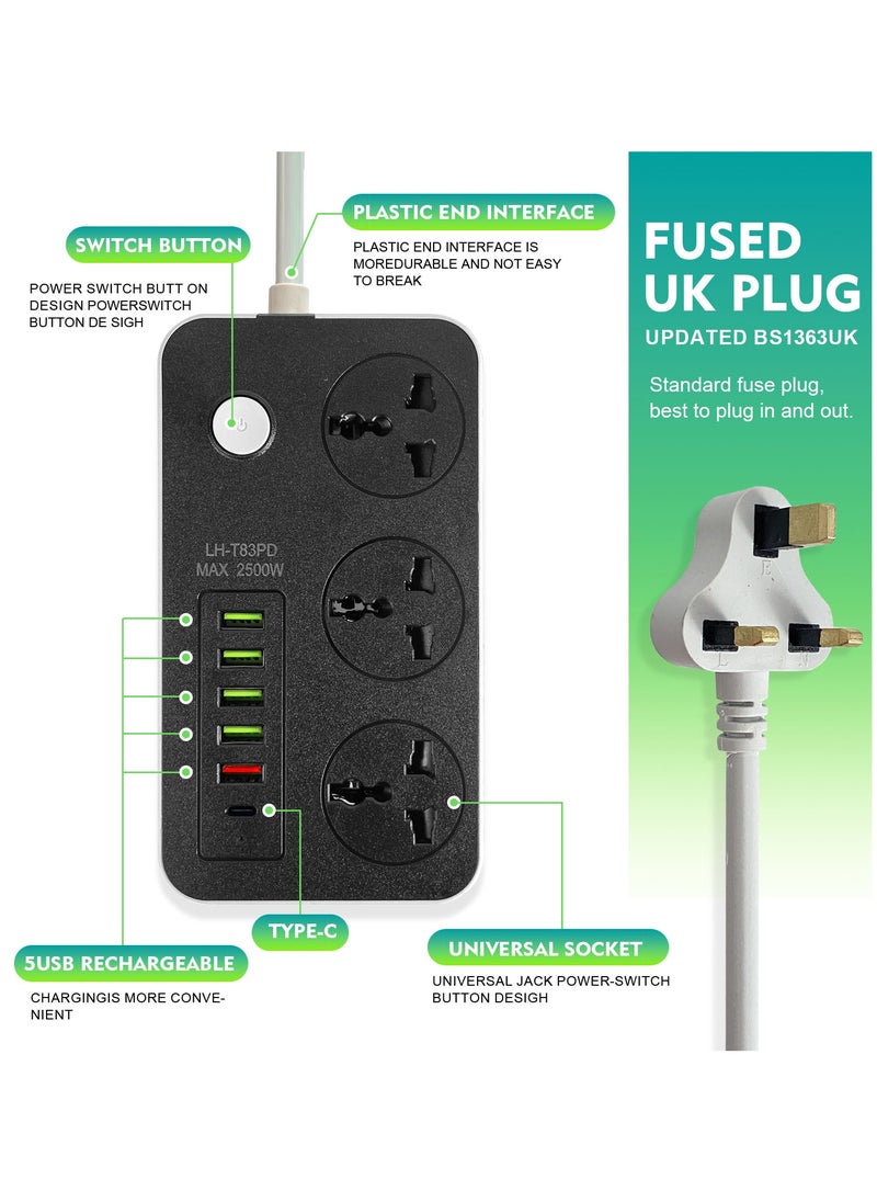 SKY-TOUCH - 5 USB Auto Max 3.4A USB + 1 PD Identify Automatically 3 Power Socket Anti-static Power Socket with 5 USB Ports Universal Charging Socket with 2M Bold Extension Cord - Image 1