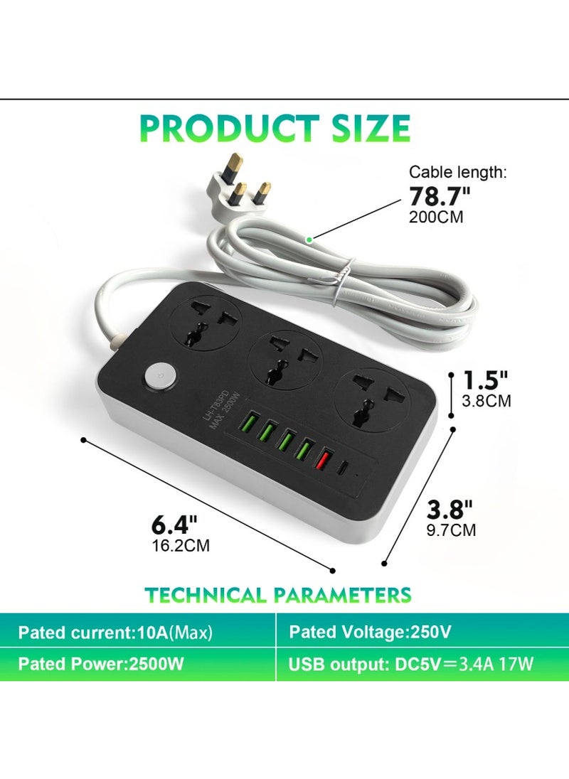 SKY-TOUCH - 5 USB Auto Max 3.4A USB + 1 PD Identify Automatically 3 Power Socket Anti-static Power Socket with 5 USB Ports Universal Charging Socket with 2M Bold Extension Cord - Image 1