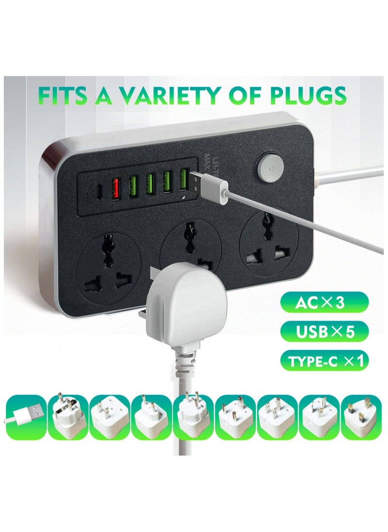 SKY-TOUCH - 5 USB Auto Max 3.4A USB + 1 PD Identify Automatically 3 Power Socket Anti-static Power Socket with 5 USB Ports Universal Charging Socket with 2M Bold Extension Cord - Image 1