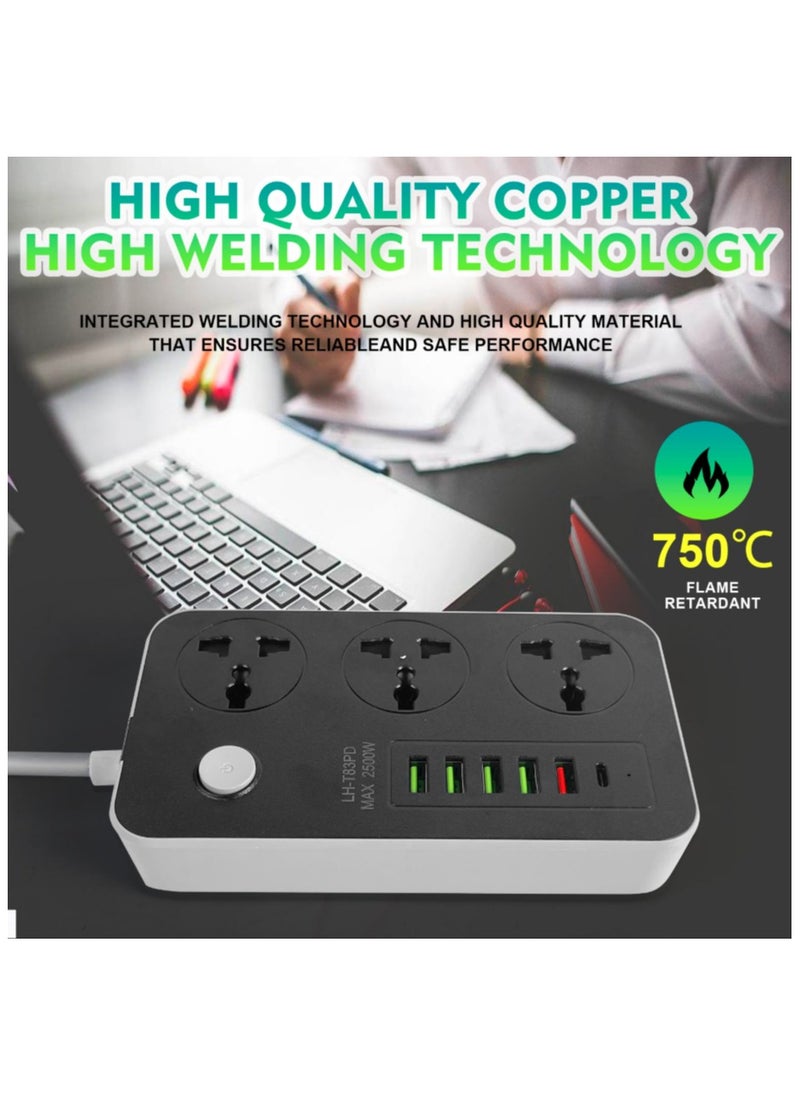 SKY-TOUCH - 5 USB Auto Max 3.4A USB + 1 PD Identify Automatically 3 Power Socket Anti-static Power Socket with 5 USB Ports Universal Charging Socket with 2M Bold Extension Cord - Image 1