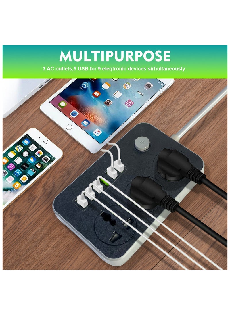 SKY-TOUCH - 5 USB Auto Max 3.4A USB + 1 PD Identify Automatically 3 Power Socket Anti-static Power Socket with 5 USB Ports Universal Charging Socket with 2M Bold Extension Cord - Image 1
