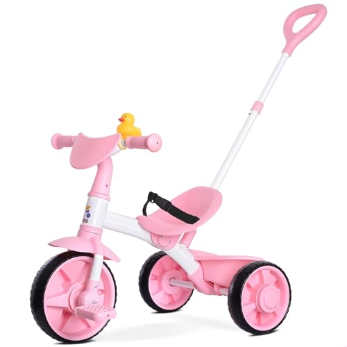 KRIDDO 2 in 1 Kids Tricycles Age 18 Month to 3 Years EVA Wheels Gift Toddler Tricycle Trikes for Toddlers 2 to 3 Year Old with Push Handle Duck Bell Pink - Image 1