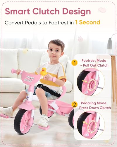 KRIDDO 2 in 1 Kids Tricycles Age 18 Month to 3 Years EVA Wheels Gift Toddler Tricycle Trikes for Toddlers 2 to 3 Year Old with Push Handle Duck Bell Pink - Image 5