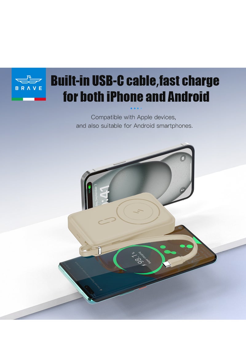 10000mAh Magnetic Wireless Power Bank - MagSafe Magnetic Portable Charger with 15W Fast Wireless Charging and 20W PD Wired Charging, Built-in USB-C Cable and LED Digital Display - Magnetic Charger Compatible with iPhone 16/15/14/13, Apple Watch Series 10, AirPods, Galaxy S25/24/23, Android Phones and Tablets (Beige/Gold)