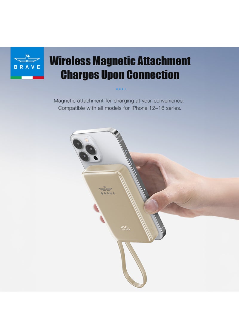 10000mAh Magnetic Wireless Power Bank - MagSafe Magnetic Portable Charger with 15W Fast Wireless Charging and 20W PD Wired Charging, Built-in USB-C Cable and LED Digital Display - Magnetic Charger Compatible with iPhone 16/15/14/13, Apple Watch Series 10, AirPods, Galaxy S25/24/23, Android Phones and Tablets (Beige/Gold)