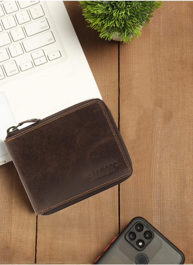 TEAKWOOD - Genuine  Leather RFID Zip Around Brown Wallet for Men - Image 1