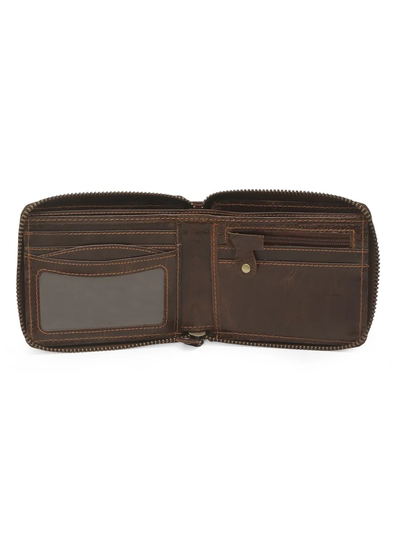 TEAKWOOD brown Teakwood Leather Genuine Leather Bi-Fold Wallet for Men | Brown Wallet with Button Closure | Non-Detachable Flap | 2 Main Compartments | 7 Card Slots | 2 Slip Pockets | Zip Coin Pocket | Premium Durable Everyday Wallet for Men | Best Price UAE