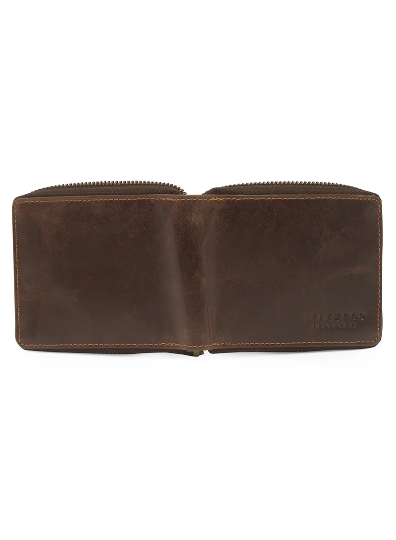 TEAKWOOD brown Teakwood Leather Genuine Leather Bi-Fold Wallet for Men | Brown Wallet with Button Closure | Non-Detachable Flap | 2 Main Compartments | 7 Card Slots | 2 Slip Pockets | Zip Coin Pocket | Premium Durable Everyday Wallet for Men | Best Price UAE