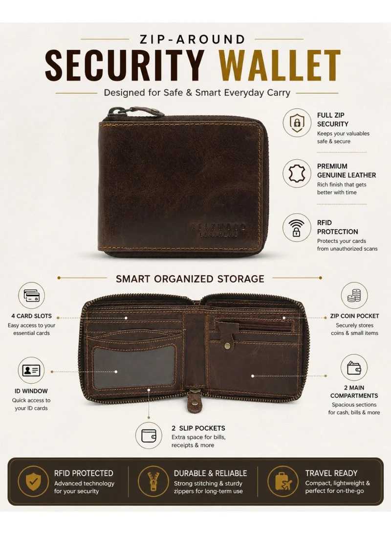 TEAKWOOD Teakwood Leather Genuine Leather Zip Around Wallet for Men | Zipper Closure | 2 Main Compartments | 4 Card Slots | 1 ID Window | 2 Slip Pockets | 1 Zip Coin Pocket | Premium Compact Travel Wallet