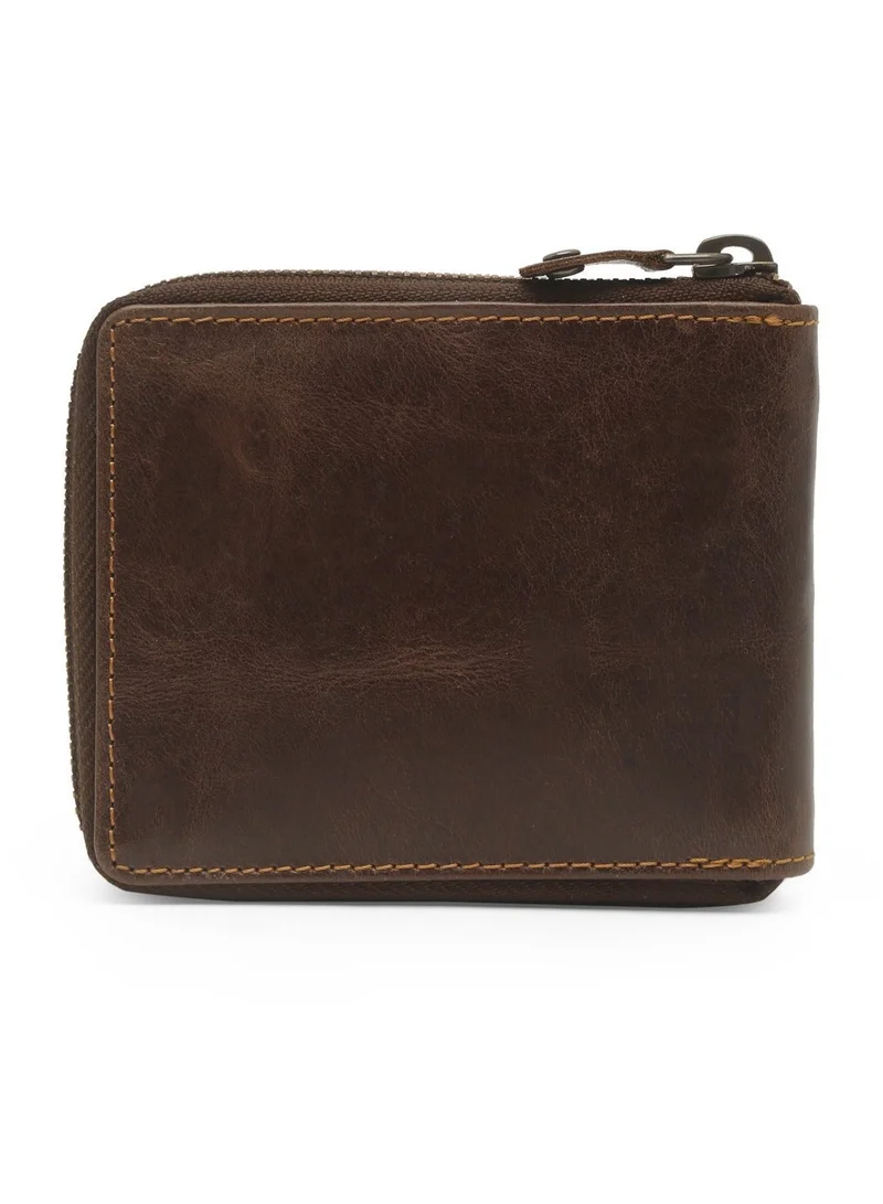 Teakwood brown Teakwood Leather Genuine Leather Zip Around Wallet for Men | Zipper Closure | 2 Main Compartments | 4 Card Slots | 1 ID Window | 2 Slip Pockets | 1 Zip Coin Pocket | Premium Compact Travel Wallet for Men | Best Price UAE