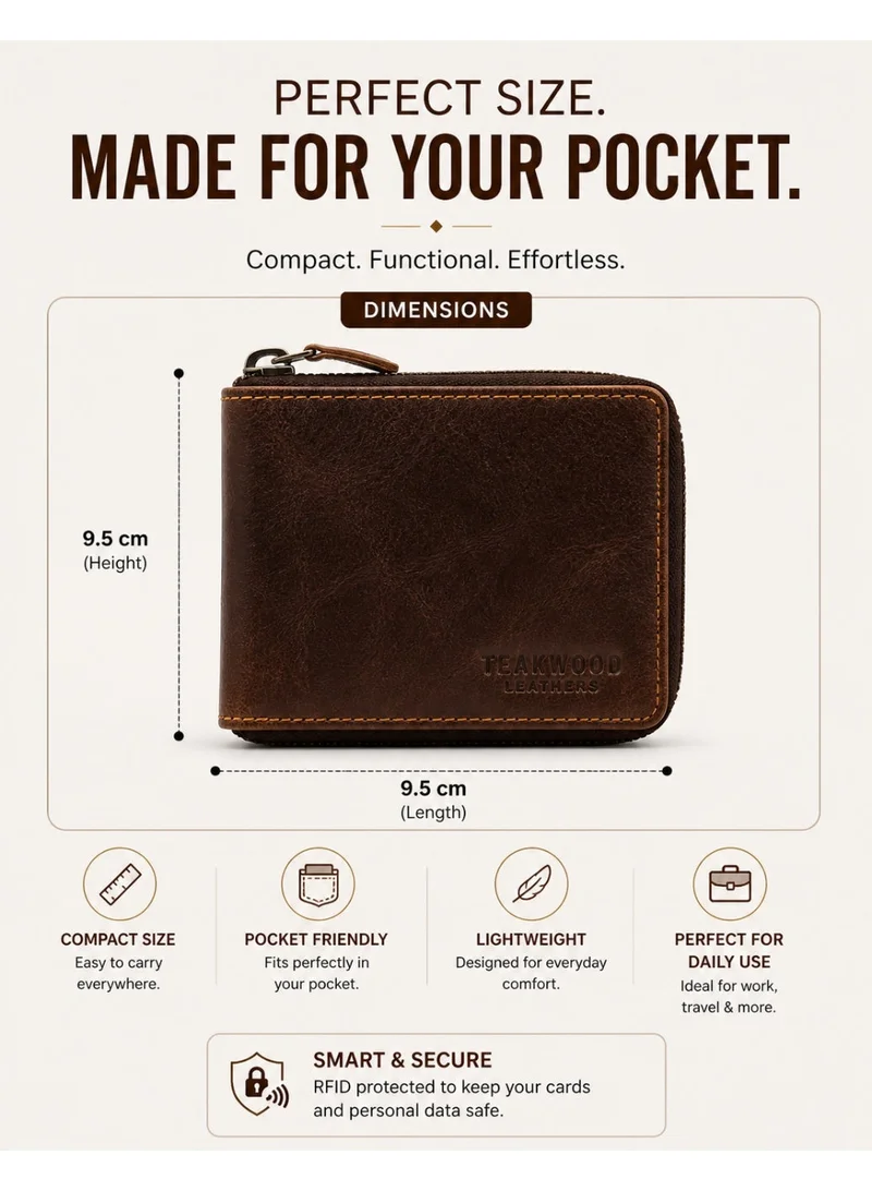 Teakwood brown Teakwood Leather Genuine Leather Zip Around Wallet for Men | Zipper Closure | 2 Main Compartments | 4 Card Slots | 1 ID Window | 2 Slip Pockets | 1 Zip Coin Pocket | Premium Compact Travel Wallet for Men | Best Price UAE