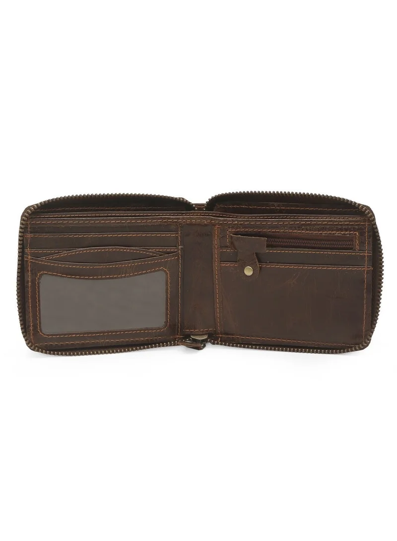 Teakwood brown Teakwood Leather Genuine Leather Zip Around Wallet for Men | Zipper Closure | 2 Main Compartments | 4 Card Slots | 1 ID Window | 2 Slip Pockets | 1 Zip Coin Pocket | Premium Compact Travel Wallet for Men | Best Price UAE