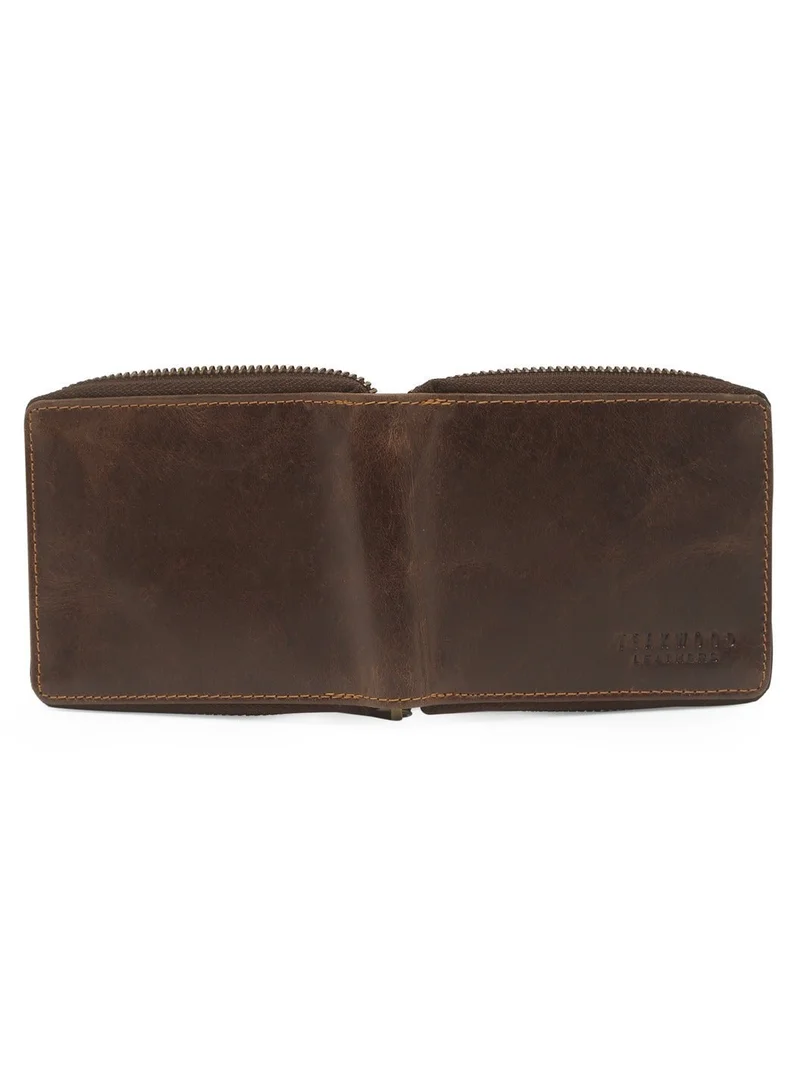 Teakwood brown Teakwood Leather Genuine Leather Zip Around Wallet for Men | Zipper Closure | 2 Main Compartments | 4 Card Slots | 1 ID Window | 2 Slip Pockets | 1 Zip Coin Pocket | Premium Compact Travel Wallet for Men | Best Price UAE