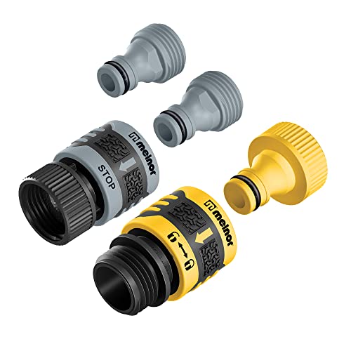 Melnor 65134AMZ 5 Piece Quick Connect Starter Set Connector Bundle, Product and Faucet Adapter, Product End and Faucet End Connector, Black, Yellow, Grey - Image 1