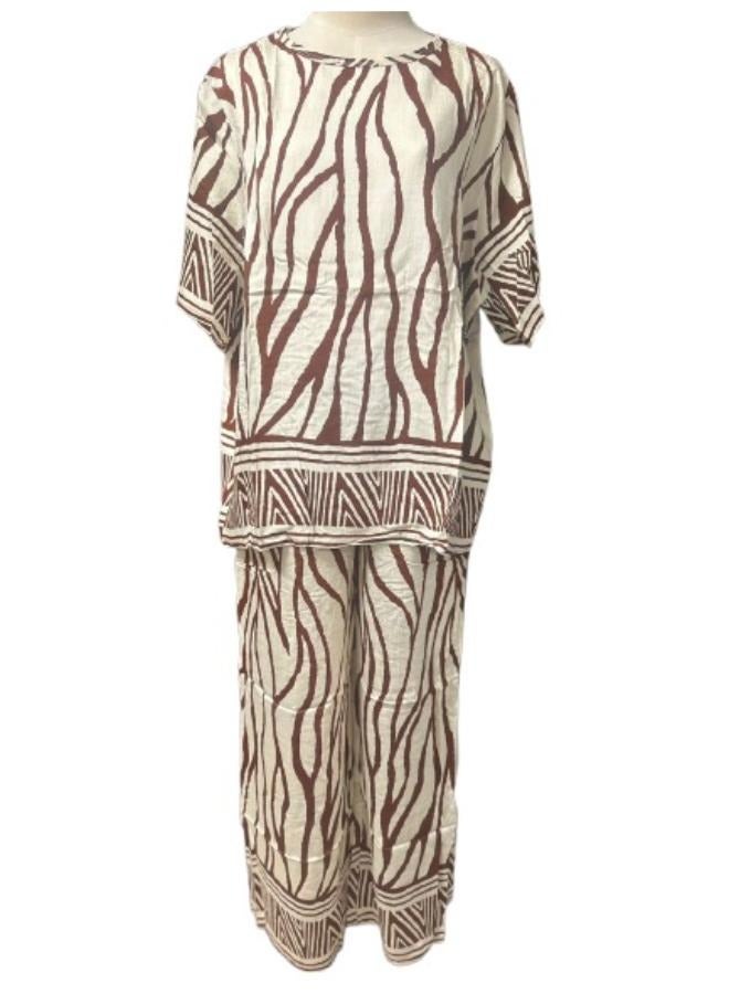 قميص نسائي مطبوع مكون من قطعتين بنطال بأرجل واسعة يناسب المقاس المتوسط ​​والكبير - Image 4