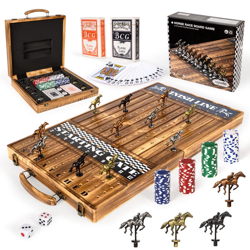 ropoda Upgraded 23 inches Horse Race Board Game with 11 Upgraded Luxury HorsesFoldable Wood Horse Racing Board Game with 100 Pcs Chips2 Dice and 2 Boxes of CardsVintage Color - Image 3