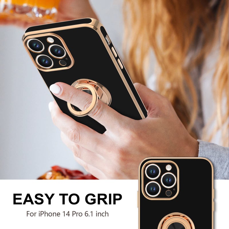 Hython for iPhone 14 Pro Case with Ring Stand [360Â° Rotatable Ring Holder Magnetic Kickstand] [Support Car Mount] Plated Gold Edge Soft TPU Luxury Shockproof Protective Phone Case Cover, Black - Image 2