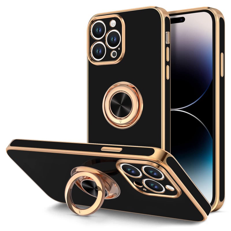 Hython for iPhone 14 Pro Case with Ring Stand [360Â° Rotatable Ring Holder Magnetic Kickstand] [Support Car Mount] Plated Gold Edge Soft TPU Luxury Shockproof Protective Phone Case Cover, Black - Image 1