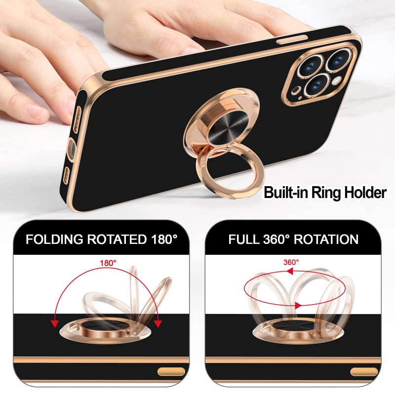 Hython for iPhone 14 Pro Case with Ring Stand [360Â° Rotatable Ring Holder Magnetic Kickstand] [Support Car Mount] Plated Gold Edge Soft TPU Luxury Shockproof Protective Phone Case Cover, Black - Image 4