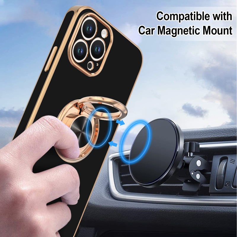 Hython for iPhone 14 Pro Case with Ring Stand [360Â° Rotatable Ring Holder Magnetic Kickstand] [Support Car Mount] Plated Gold Edge Soft TPU Luxury Shockproof Protective Phone Case Cover, Black - Image 5