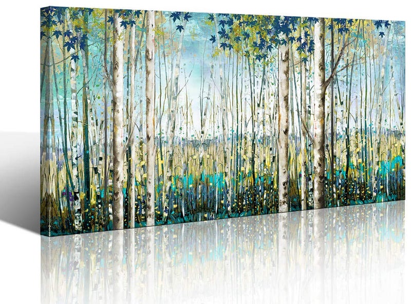 Pogusmavi Large Framed Birch Tree Canvas Wall Art Nature Painting for Home Decor | Teal Artwork for Living Room, Bedroom, and Office Pictures for Living Room 24Ã—48IN - Image 1