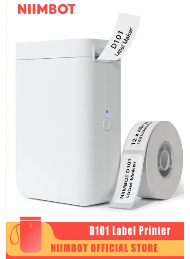 NIIMBOT D101 Label Maker Machine Inkless Label Printer with 10-25mm Print Width, Handheld Thermal Label Maker with 1 Roll 12*40mm Tape, Multiple Templates Available Effortless for Phone Pad Labeling Made Easy, Prtable for School, Office and Home Organization USB Rechargeable, White - Image 1