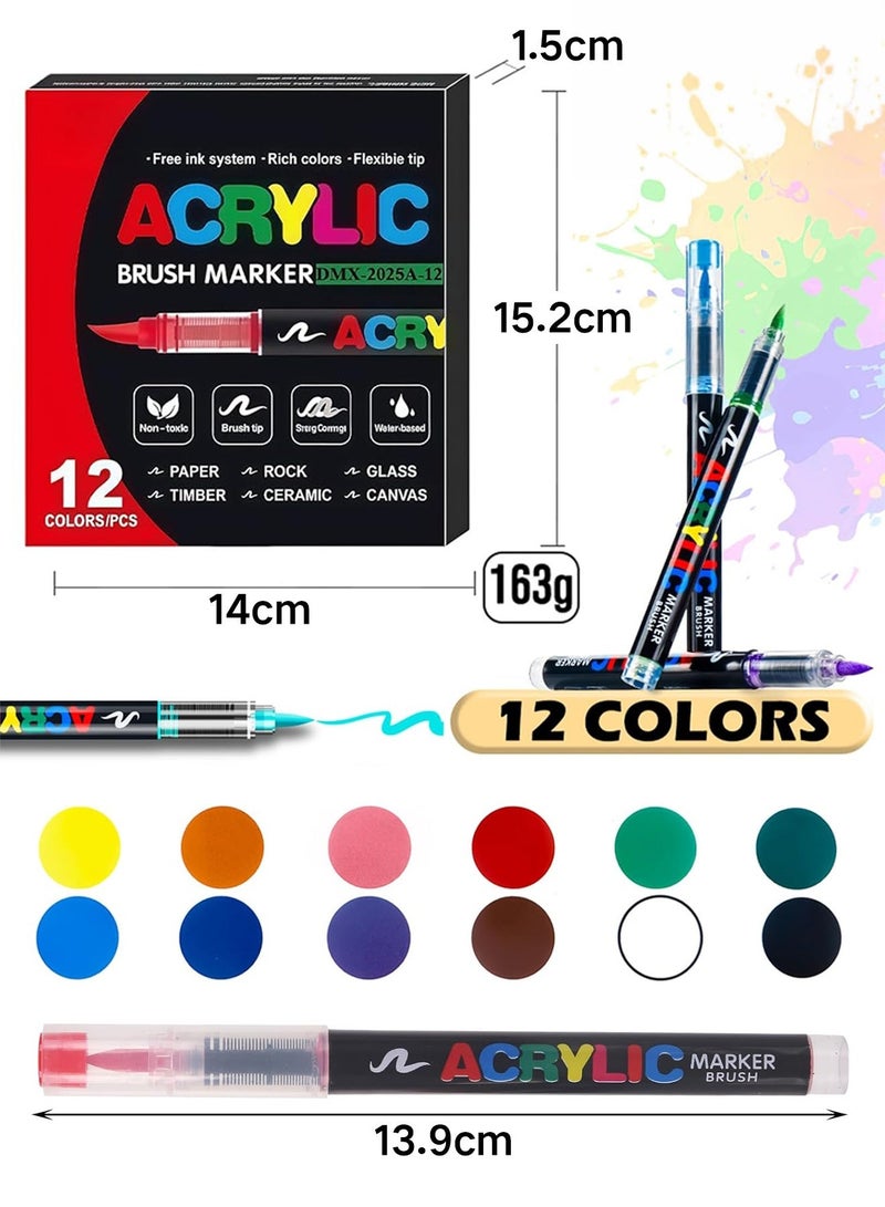 Acrylic Paint Markers Brush Tip, 12 Vivid Colors with Direct-Liquid Ink System, Professional-Grade Paint Pen for Rock Painting, Canvas, Glass, Plastic, Fabric & Creative Crafts - Image 2