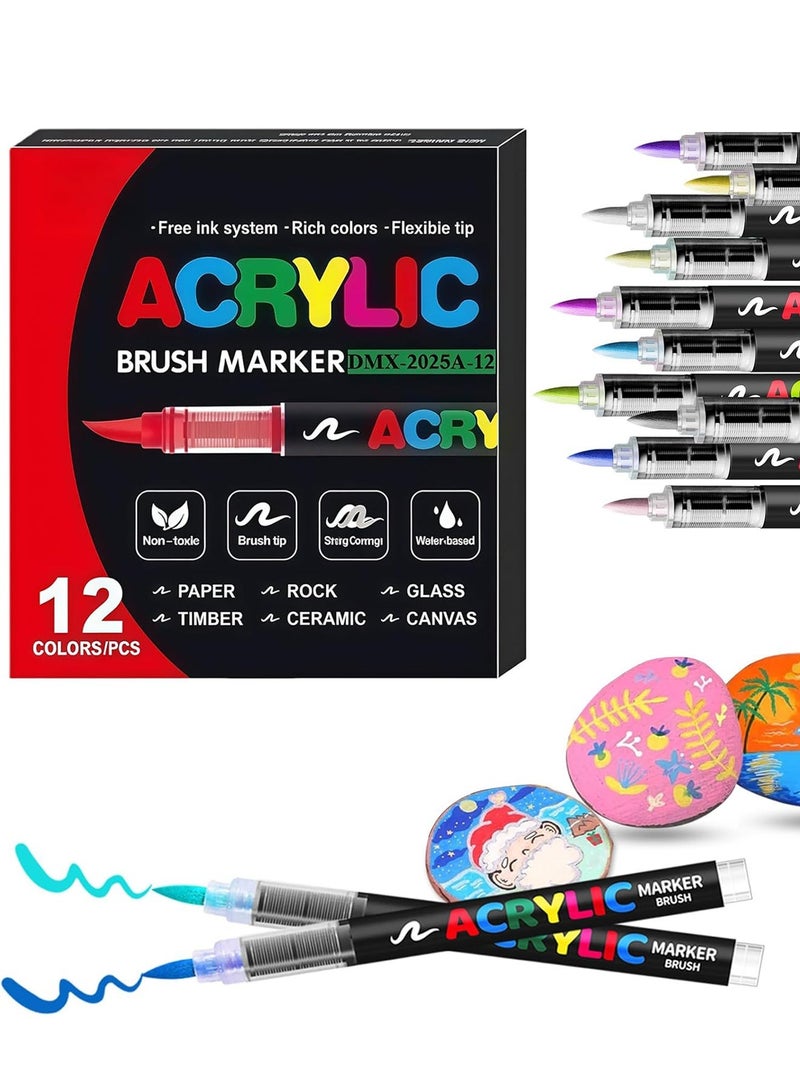 Acrylic Paint Markers Brush Tip, 12 Vivid Colors with Direct-Liquid Ink System, Professional-Grade Paint Pen for Rock Painting, Canvas, Glass, Plastic, Fabric & Creative Crafts - Image 1