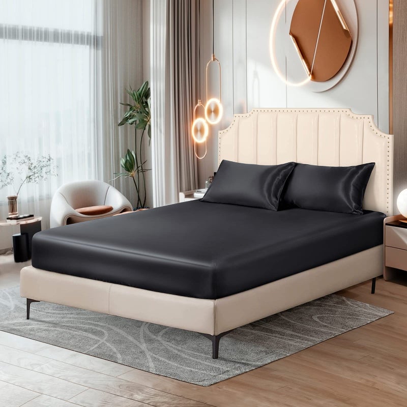 Ersmak Satin Fitted Sheet Only  Luxury Silky King Fitted Sheet Ultra Soft Deep Pocket Bottom Sheet  Wrinkle & Fade Resistant - Black - Image 3