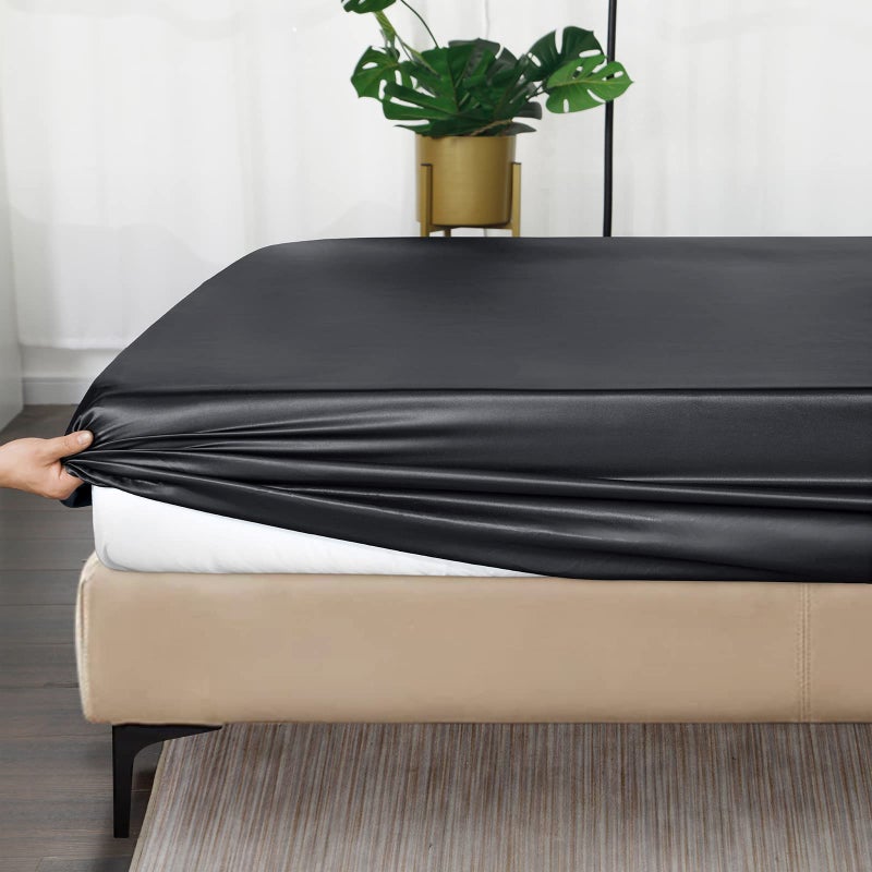 Ersmak Satin Fitted Sheet Only  Luxury Silky King Fitted Sheet Ultra Soft Deep Pocket Bottom Sheet  Wrinkle & Fade Resistant - Black - Image 2