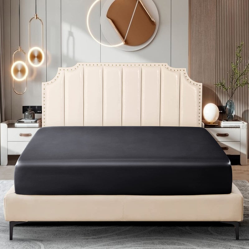 Ersmak Satin Fitted Sheet Only  Luxury Silky King Fitted Sheet Ultra Soft Deep Pocket Bottom Sheet  Wrinkle & Fade Resistant - Black - Image 1