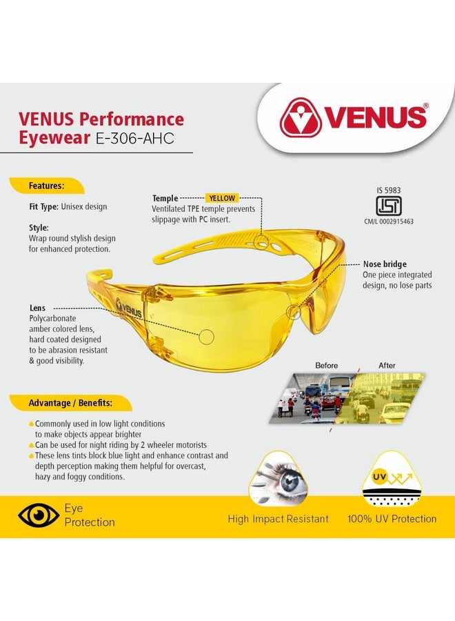 Venus VENUS E-306 AHC ISI Certified Safety Goggles, Polycarbonate lens, Hard Coated Eye Protection Glasses, Anti-Scratch Safety Glasses, Night Vision Glasses, Industrial, Bike riding, Cycling & Car Driving - Image 3