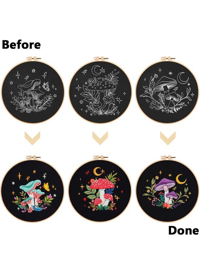 Nuberlic 3 Pack Embroidery Kit for Beginner Adults, Stamped Cross Stitch with Mushroom Patterns Include 3 Hoop, Cloth Thread Needles and Instructions - Image 3
