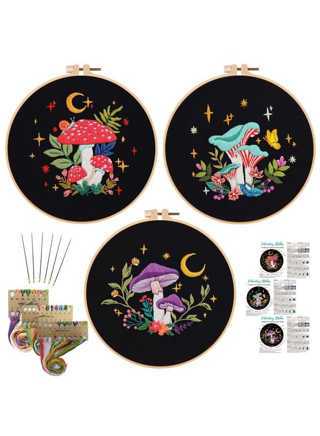 Nuberlic 3 Pack Embroidery Kit for Beginner Adults, Stamped Cross Stitch with Mushroom Patterns Include 3 Hoop, Cloth Thread Needles and Instructions - Image 1