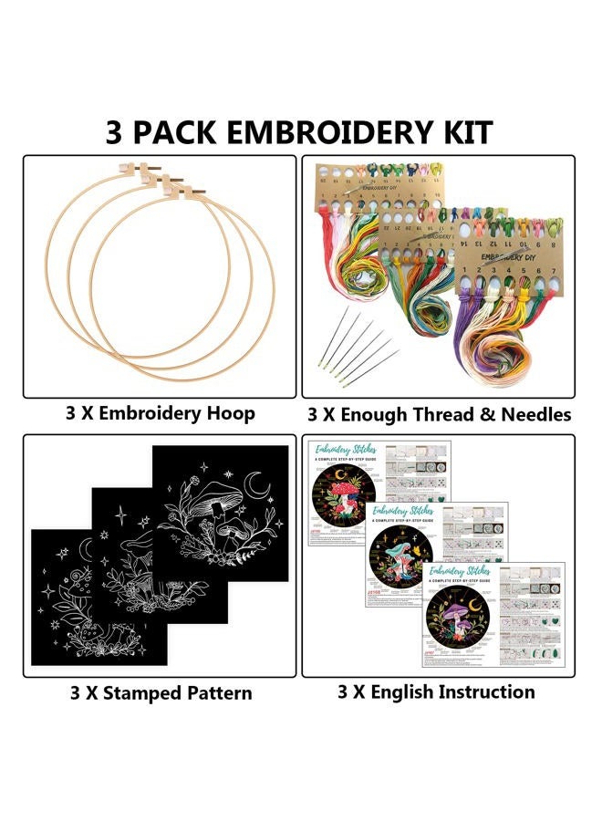 Nuberlic 3 Pack Embroidery Kit for Beginner Adults, Stamped Cross Stitch with Mushroom Patterns Include 3 Hoop, Cloth Thread Needles and Instructions - Image 2