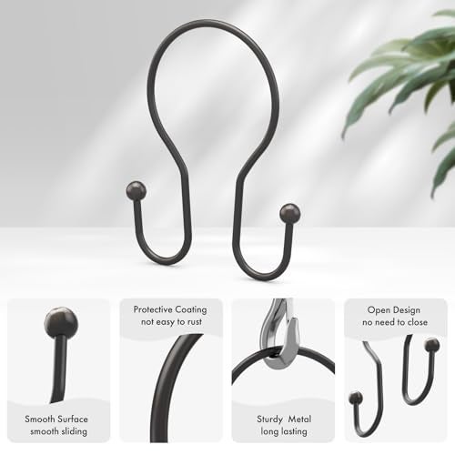 AmazerBath Bronze Shower Curtain Hooks Shower Curtain Rings Simple Double Hook Shower Curtain Hooks Rust Proof Metal Smooth Glide Shower Hooks for Shower Curtain Rod 12 Pcs Shower Rod Hooks - Image 3