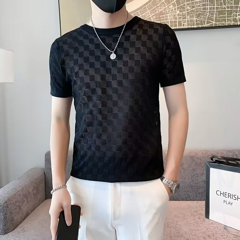 Summer High Quality V-Neck Jacquard Ice Silk T-Shirt Trendy Short Sleeve (Main Promotion Has Discount)-20351-P25 - Image 2
