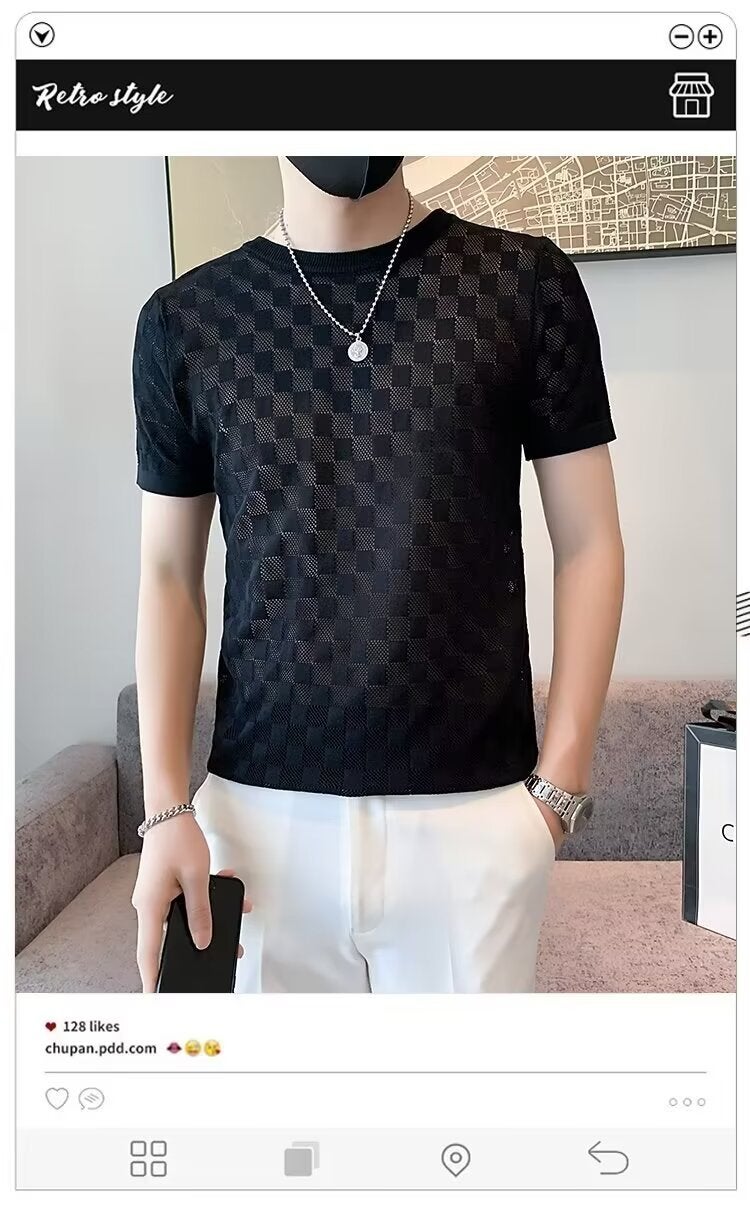 Summer High Quality V-Neck Jacquard Ice Silk T-Shirt Trendy Short Sleeve (Main Promotion Has Discount)-20351-P25 - Image 4