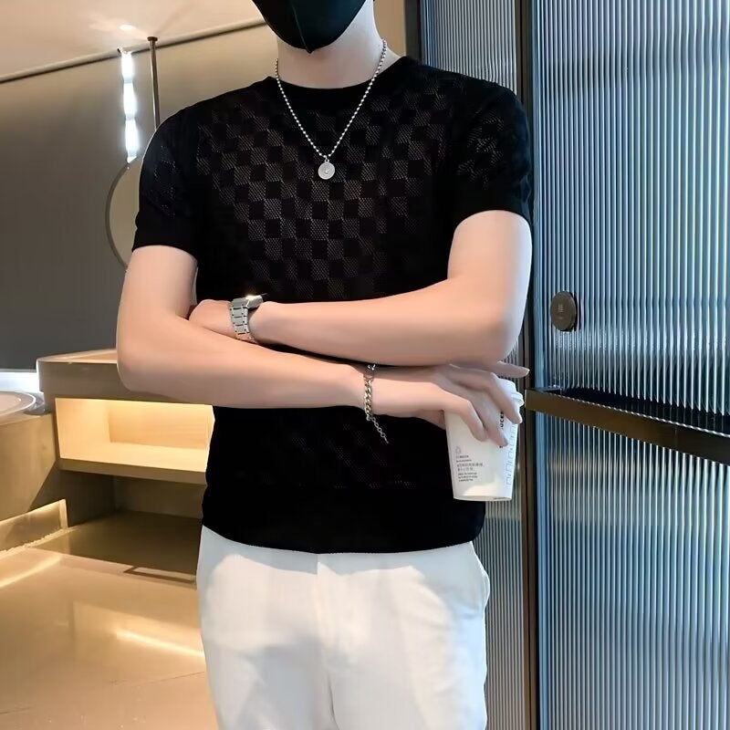 Summer High Quality V-Neck Jacquard Ice Silk T-Shirt Trendy Short Sleeve (Main Promotion Has Discount)-20351-P25 - Image 1