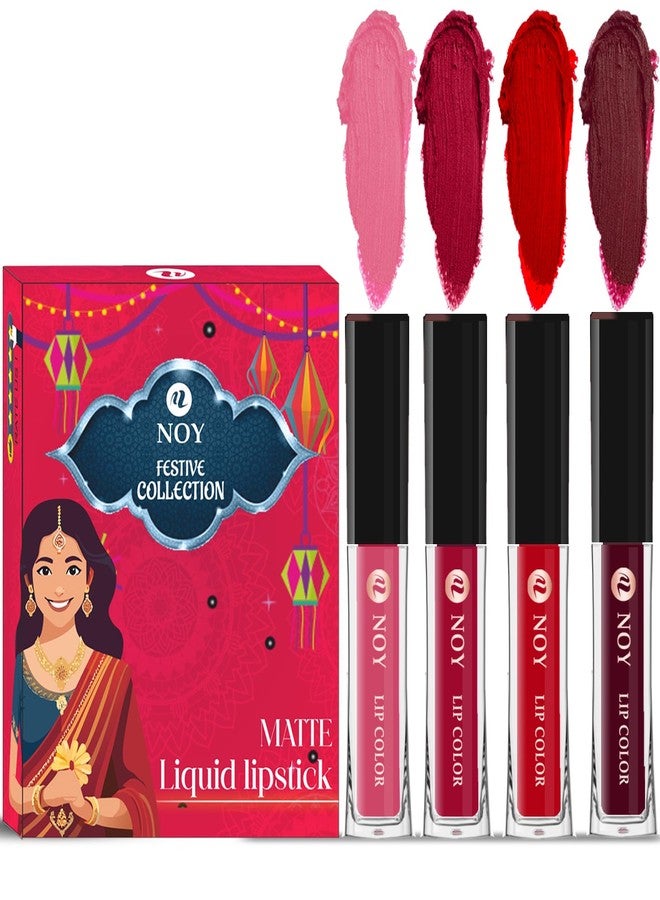 Noy Festival Collection Liquid Matte Lipstick 4 Set Peach, Cherry Pink, Red, Maroon Shades - Image 1