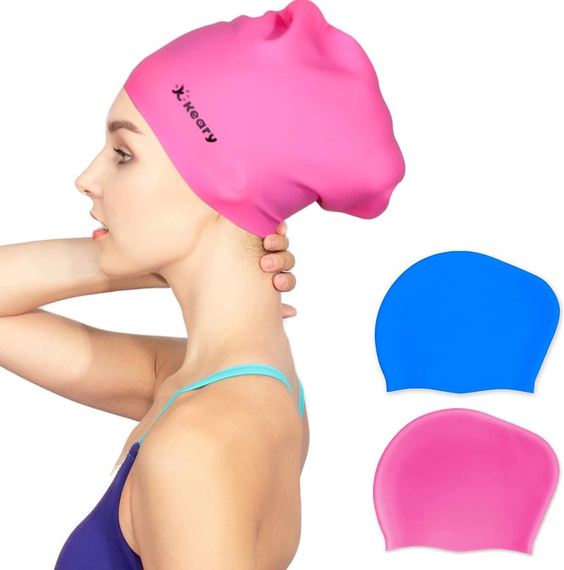 Keary 2 Pack Updated Silicone Swim Cap for Long Hair Women Girl Waterproof Bathing Pool Swimming Cap Cover Ears to Keep Your Hair Dry, 3D Soft Stretchable Durable and Anti-Slip, Easy to Put On and Off - Image 1