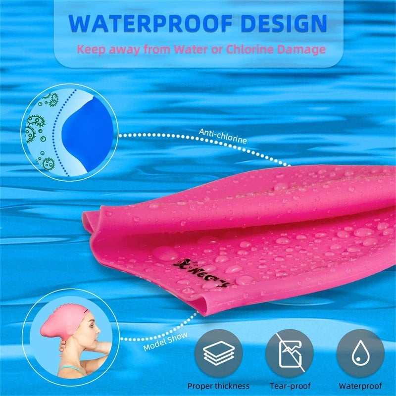 Keary 2 Pack Updated Silicone Swim Cap for Long Hair Women Girl Waterproof Bathing Pool Swimming Cap Cover Ears to Keep Your Hair Dry, 3D Soft Stretchable Durable and Anti-Slip, Easy to Put On and Off - Image 5