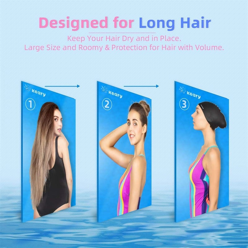 Keary 2 Pack Updated Silicone Swim Cap for Long Hair Women Girl Waterproof Bathing Pool Swimming Cap Cover Ears to Keep Your Hair Dry, 3D Soft Stretchable Durable and Anti-Slip, Easy to Put On and Off - Image 2